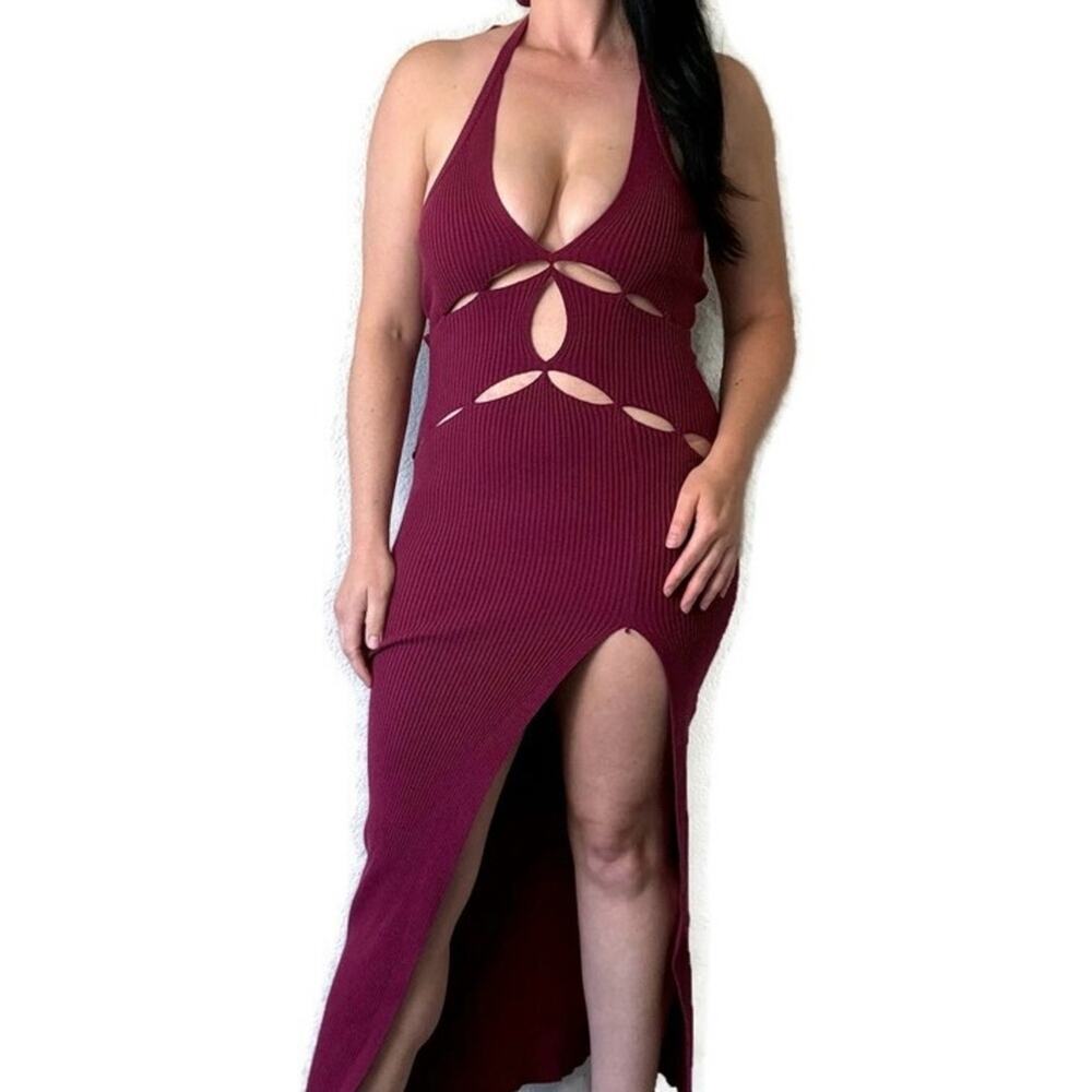 New For Love and Lemons Burgundy Halter Cut Out  Maxi Dress Size Small